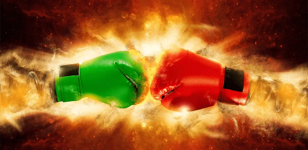 green boxing glove and red boxing glove colliding